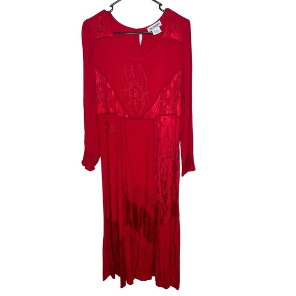 Neiman Marcus L Embroidered Long Sleeve Maxi Dress Viscose Boho Patchwork Red - Picture 1 of 9